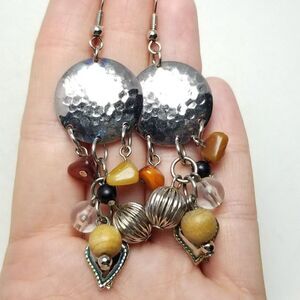Vintage Boho Dangle Beaded Fringe Earrings, Silver Tone, Hammered Finished